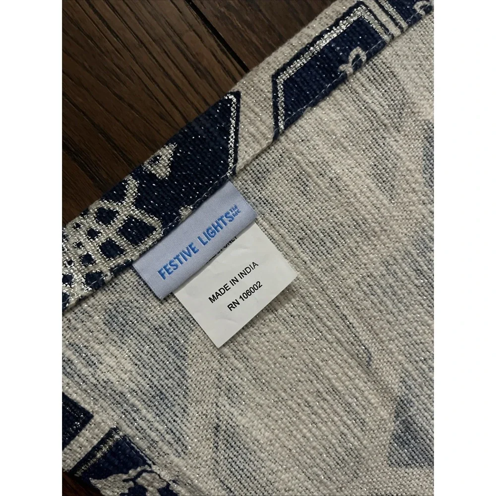 Festive Lights Table Runner Hanukkah Blue Silver Sparkle Tapestry 16